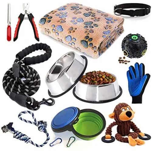 Puppy Starter Kit,12 Piece Dog Supplies Assortments,Set includes:Dog toys | Dog Bed Blankets | Puppy Training Supplies | Dog Grooming Tool | Dog Leashes Accessories | Feeding & Watering Supplies