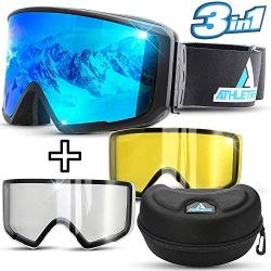 Athletrek Ski & Snowboard Goggles | 3 Unique Magnetic Fast Changing Lenses for All Weather Conditions | UV400 Protection OTG Wide Vision Spherical Anti-Fog Dual Lens | Anti-Slip Strap | Adult & Youth