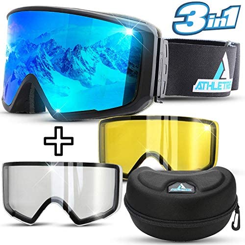 Athletrek Ski & Snowboard Goggles | 3 Unique Magnetic Fast Changing Lenses for All Weather Conditions | UV400 Protection OTG Wide Vision Spherical Anti-Fog Dual Lens | Anti-Slip Strap | Adult & Youth