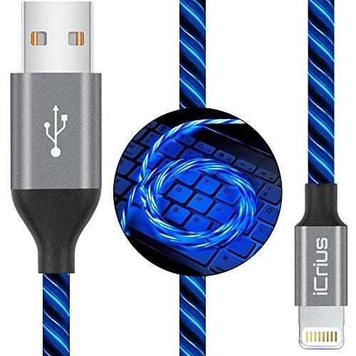 iPhone Charger Cable, iCrius [MFi Certified] 6ft LED Light Up Visible Flowing Lightning Charger Charging Cord Compatible iPhone11 Plus/XS/XR/X /8 Plus / 8/7 Plus / 7, iPod Touch More-Blue