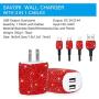SAVORI Dual USB Wall Charger, Bling Rhinestones Wall Charger Plug Power Adapter with USB 3-in-1 Multi Charging Cable Compatible with iPhone iPad Android Type C Phones (Red)