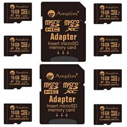 8-Pack Bulk 16GB Micro SDHC Memory Card Plus Adapter – Amplim 16 GB Class 10 Micro SD Card V10 A1. Extreme High Speed 100MB/s 667X microSDHC TF Card. Cell-Phones Tablets Fire Cameras Nintendo Drones