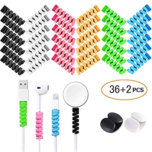 36 PCS Cable Protectors for iPhone iPad Charger End Cord Savers with 2 Desk Cable Clips, VIWIEU Spiral USB Wire Protector for Headphone MacBook Laptop Earphone Cell Phone Cute Cable Wrap Accessories