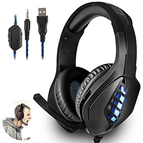 Gaming Headset Xbox One Headset with Bass Surround Sound, Over Ear Headphones PS4 Headset with Noise Canceling Mic & LED Light, Compatible with PS4, Xbox One, Nintendo Switch, PC, PS3, Mac