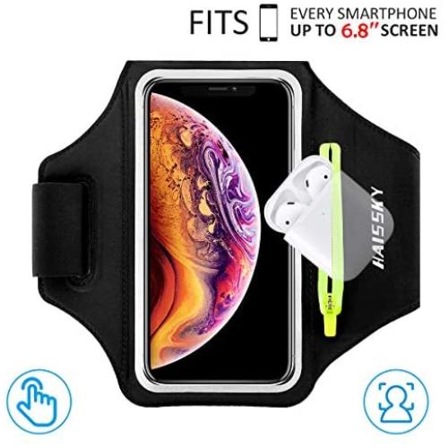 HAISSKY Armband Case with Airpods Holder/Car Key Bag Cell Phone Holder Gym Case Fits iPhone 11 Pro Max/11 Pro/Xs Max/XR 8 7 6,Galaxy S10+/S10/S10e/S9+ with Key Holder&Card Slot up to 6.8" (Black)