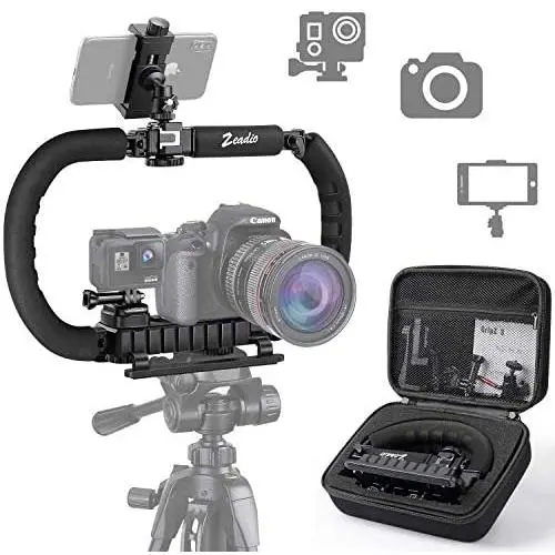 Zeadio Camera Smartphone Stabilizer, Foldable Handle Grip Handheld Video Rig with Carrying Case, Compatibility with All GoPro, Camera, Camcorder, DSLR, Cell Phone, iPhone, Huawei, Samsung etc