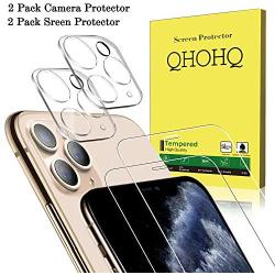 [4 Pack] QHOHQ 2 Pack Tempered Glass Screen Protector +2 Pack Tempered Glass Camera Lens Protector for Apple iPhone 11 Pro Max(6.5"),[9H Hardness] HD Transparent Scratch-Resistant [Bubble Free]