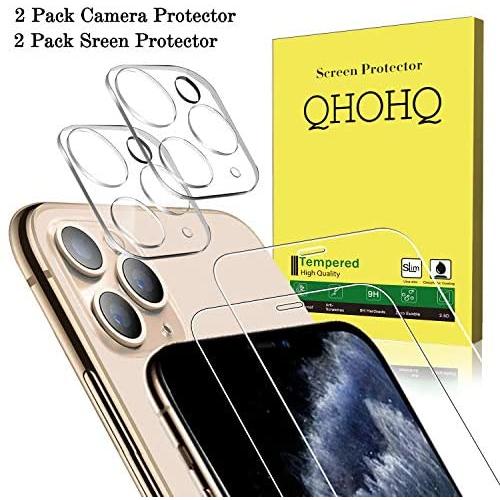 [4 Pack] QHOHQ 2 Pack Tempered Glass Screen Protector +2 Pack Tempered Glass Camera Lens Protector for Apple iPhone 11 Pro Max(6.5"),[9H Hardness] HD Transparent Scratch-Resistant [Bubble Free]