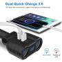 Quick Charge 3.0 Car Charger Splitter Adapter, Rocketek 2 Sockets Cigarette Lighter Splitter 120W 12V/24V DC Outlet with LED Voltage Display Three USB Port for Smartphone Tablet GPS Dash Cam Tomtom