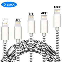 Sharllen iPhone Charger Cable Data Line iPhone Charging Cord 3FT/6FT/10FT Nylon Braided iPhone Charger USB Fast Charging&Syncing Cable Compatible iPhone 11/XS/Max/XR/X/8P/8/7/7P/6/iPad 5 Pack White