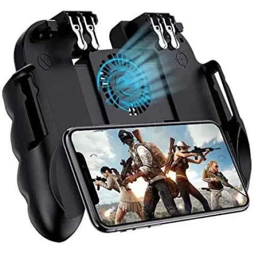 popman Mobile Game Controller 4 Trigger with Cooling Fan for PUBG/Call of Duty/Fotnite [6 Finger Operation] L1R1 L2R2 Gaming Grip Gamepad Mobile Controller Trigger for 4.7-6.5&quot iOS Android Phone