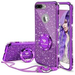 Cute iPhone 8 Plus Case, Cute iPhone 7 Plus Case, Glitter Luxury Bling Diamond Rhinestone Bumper with Ring Grip Kickstand Protective Thin Girly iPhone 8 Plus/ 7 Plus Case for Women Girl - Purple