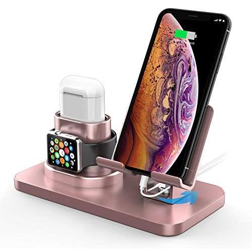 180°Rotation Phone Charger Stand Holder，3in1 Charger Dock, Charging Stand for iPhone/Apple Watch/Airpods/ipad and Most Smartphones (Rose Gold)