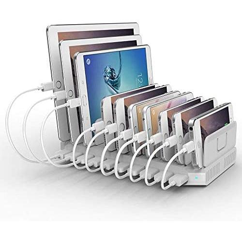 iPad Charging Station 96W 10-Port Alxum USB Charging Station Multiple Device USB Charger with Smart IC Tech, Organizer Stand for iPhone X, Xs Max,8,7,6, Samsung Google Nexus LG, Tablets, White