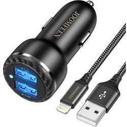 JOOMFEEN Car Charger Compatible with iPhone 11 Pro Max/11/XS Max/XS/XR/X/8/7 Plus/7/6S/6/5S/5C/SE/5,iPad Pro/Air/Mini, with 3ft Charging Cable Cord, 3.4a Dual Port Fast USB Car Phone Charger Adapter