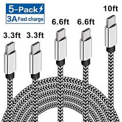 USB C Cable Fast Charging 3A 5-Pack (3.3/3.3/6.6/6.6/10FT) Nylon Braided USB Type C Cable Fast Charging Cord for Samsung Galaxy S10 S9 S8 Plus Note 10 9 8,Moto Z Z3,LG V50 G8,Other USB C Devices