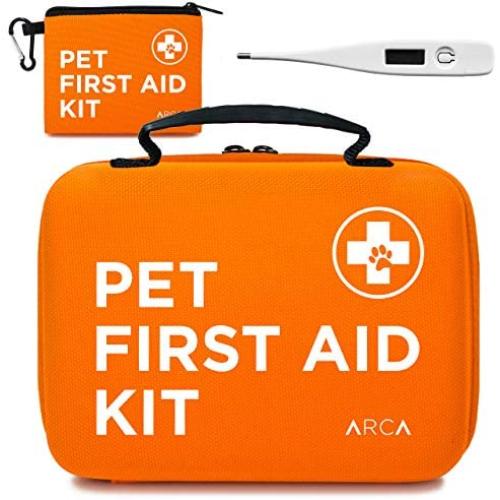 ARCA PET Cat & Dog First Aid Kit Home Office Travel Car Emergency Kit Pet Travel Kit – 100 Pieces with Thermometer and Bonus Mini First Aid Kit Pouch & Emergency Collar [Hard Case for Protection]