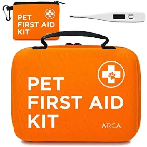 ARCA PET Cat & Dog First Aid Kit Home Office Travel Car Emergency Kit Pet Travel Kit – 100 Pieces with Thermometer and Bonus Mini First Aid Kit Pouch & Emergency Collar [Hard Case for Protection]