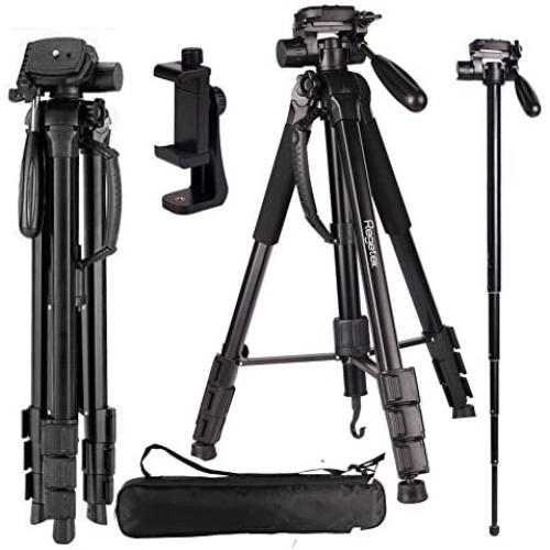 Regetek Camera Tripod Travel Monopod (70" Aluminum Professional Video Camera Mount Leg) Adjustable Stand with Flexible Head for Canon Nikon Dv DSLR Camcorder Gopro Cam& Carry Bag & Cellphone Mount