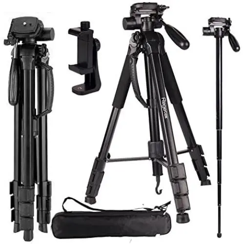 Regetek Camera Tripod Travel Monopod (70" Aluminum Professional Video Camera Mount Leg) Adjustable Stand with Flexible Head for Canon Nikon Dv DSLR Camcorder Gopro Cam& Carry Bag & Cellphone Mount