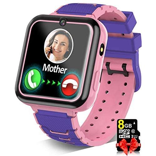 Kids Game Smart Watch for Boys Girls SmartWatch Phone with 7 Intelligent Games 8GB Micro SD Card SOS Alarm Timer 12/24 Hr Music MP3 Player for 4-12 Years Old Students Children Birthday Gift (1.Pink)