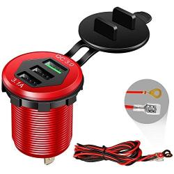 Quick Charge 3.0 Car Charger, 12V/24V 35W QC3.0/2.0 USB Charger Socket, 3 USB Charger Socket Power Outlet Fast Charge with Wire Fuse Aluminum Car Boat Marine ATV Bus Truck Golf Cart and More(Red