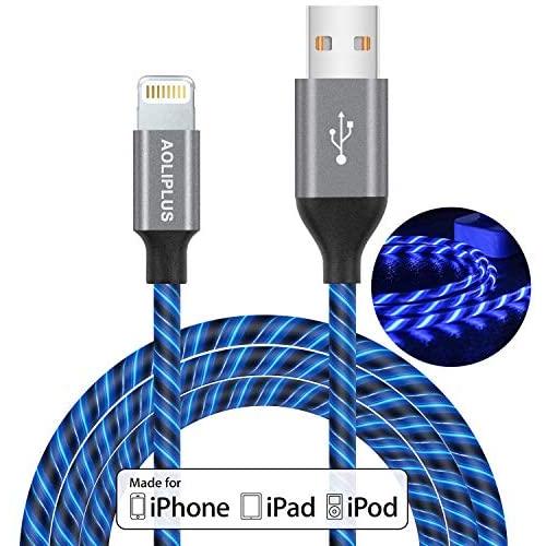 iPhone Charger Cable,[MFi Certified] Aoliplus 6ft LED Flowing Lightning Cable Fast Charger Data Sync Transfer Cord Compatible with iPhone SE 11 PRO MAX XS XR X 8 7 Plus 6S 6 iPad (Blue)