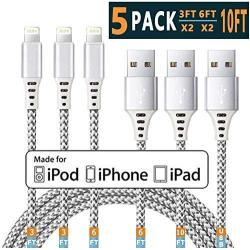 iPhone Charger Lightning Cable iPhone Cable Apple MFi Certified iPhone Charger Cable iphone 11 Xs MAX XR X 8 7 6s 6 5E Plus ipad car Charger Charging Cable Cord USB 3 3 6 6 10 ft 5pack Chargers