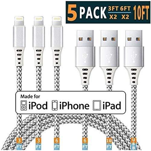 iPhone Charger Lightning Cable iPhone Cable Apple MFi Certified iPhone Charger Cable iphone 11 Xs MAX XR X 8 7 6s 6 5E Plus ipad car Charger Charging Cable Cord USB 3 3 6 6 10 ft 5pack Chargers