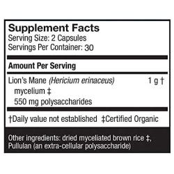 Host Defense, Lions Mane Capsules, Promotes Mental Clarity, Focus and Memory, Daily Mushroom Supplement, Vegan, Organic, 60 Capsules (30 Servings)