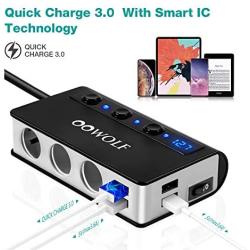 OOWOLF Cigarette Lighter Adapter Quick Charge 3.0 180W 12V/24V 3-Socket Splitter 4 USB Ports Car Power Adapter for GPS, Dash Cam, Sat Nav, Phone, iPad, Tablet, etc