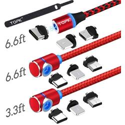 TOPK USB Magnetic Cable,Micro USB and Type C 3in1, 90 Degree Right Angle,Nylon Braided Cord,360 Magnetic Charging Cable with Led Light,(3-Pack,3.3ft/6.6ft/6.6ft) Cell Phone Charger Cable for Android