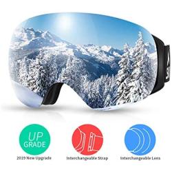 SKL Ski Goggles Over Glasses Snowboard Goggles for Men Women Youth, Frameless UV400 Protection Anti Fog OTG Snow Goggles with Interchangeable Lens and Straps
