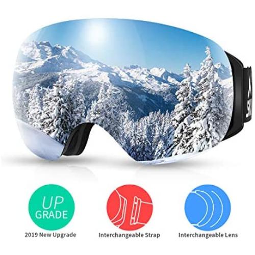 SKL Ski Goggles Over Glasses Snowboard Goggles for Men Women Youth, Frameless UV400 Protection Anti Fog OTG Snow Goggles with Interchangeable Lens and Straps