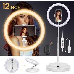 Foldable Selfie Ring Light with Stand,12 Inch LED Ring Light for Phone, 3 Light Modes & 10 Brightness Dimmable Beauty Fill Make Up Light Without Assemble for Live Stream/YouTube Video/Tiktok (White)