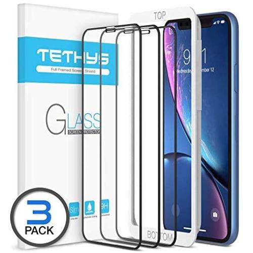 TETHYS Glass Screen Protector Designed for iPhone 11 / iPhone XR (6.1") [Edge to Edge Coverage] Full Protection Durable Tempered Glass Compatible iPhone XR/11 [Guidance Frame Include] - Pack of 3