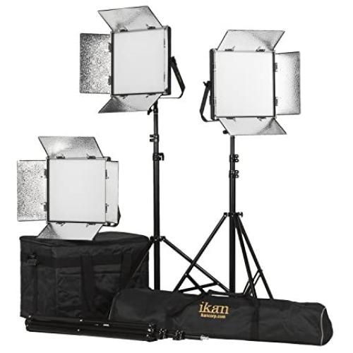 Ikan Lyra (3X) Bi-Color 3200K-5600K Soft Panel (1) 1 x 1 Studio & Field LED Lighting Kit, Includes Barn Doors, Stands and Case, Bi-Color Adjustable (LB10-3PT-KIT) - Black