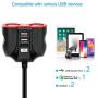 QC3.0 Car Charger with Extension Cable, Multi Car Charger Cigarette Lighter, 3 USB (QC3.0x1+Smart Socketx2)+2 Socket Car Splitter+90mm Cable for GPS/iPhone/Samsung Cell Phone