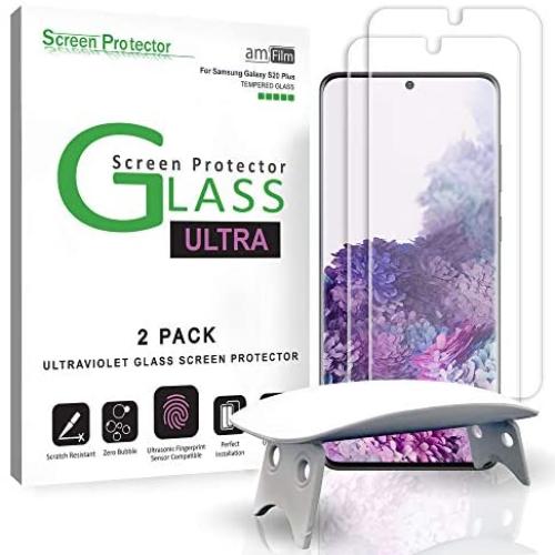amFilm Ultra Glass Screen Protector for Galaxy S20 Plus, (2 Pack) UV Gel Application, Tempered Glass, Compatible with UltraSonic Fingerprint Scanner for Galaxy S20 Plus (2020)