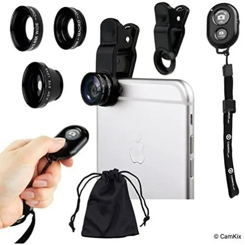 Universal 3in1 Camera Lens and Bluetooth Shutter Remote Kit for Smartphones, Including Bluetooth Camera Shutter Remote, Fish Eye, 2in1 Macro and Wide Angle, Lens Clip Universal 3in1 Camera Lens and Bluetooth Shutter Remote Kit for Smartphones, Including Bluetooth Camera Shutter Remote, Fish Eye, 2in1 Macro and Wide Angle, Lens Clip