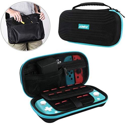 Carry Case for Nintendo Switch Lite, Hard Shell Case Compact with Original Nintendo AC Adapter, 18 Games and 4 SD Cards, Zipper Pouch for Switch Joy-con & Accessories (Black/Turquoise)