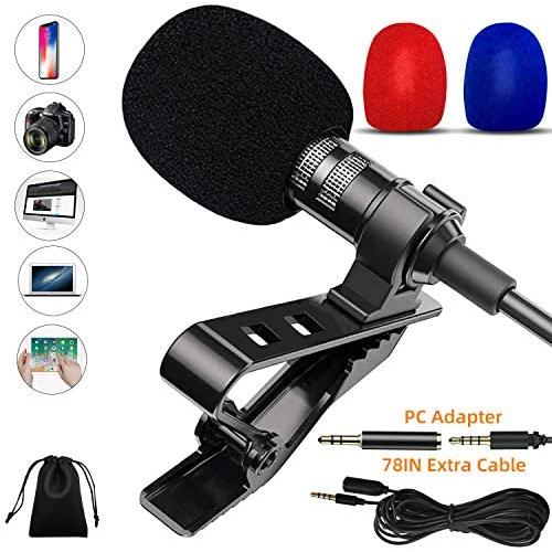 Lavalier Microphone, Professional Lapel Microphone, 3.5mm Omnidirectional Condenser Mic Compatible for iPhone iPad Mac Android Smartphones Computer, Clip on Microphone for Video Recording