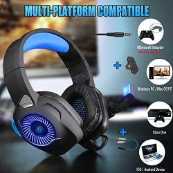 Gaming Headset for PS4, PC, Xbox One, Nintendo Switch, Laptop, PHOINIKAS H9 Xbox One Headset, 7.1 Stereo Sound, Over Ear Headphones with Microphone, Noise Isolating, LED Light, Volume Control (Blue)