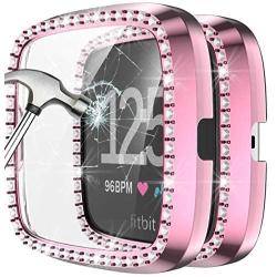 Landhoo Pink Hard Case Compatible with Fitbit Versa 2 Screen Protector Bling, PC case That Have Clarity PMMA Screen Protector and Shiny Diamond Bumper Overall Protective Cover for Women Watch.