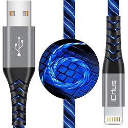 iPhone Charger, iCrius Apple MFi Certified 6FT Lightning Cable Led Light Up USB Fast Charging Cord Compatible with iPhone SE/ 11/Pro/Max/X/XS/XR/XS Max/8/Plus/7/7 Plus/6/6S/6 Plus, iPod Touch (Blue)