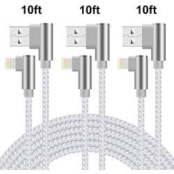90 Degree iPhone Charger 10 ft Lightning Cable 10 Foot Right Angle iPhone Cable Fast Charging iPhone Nylon Braided Charger Cord Compatible with iPhone/iPad/iPod 3 Pack (Silver White,10ft)