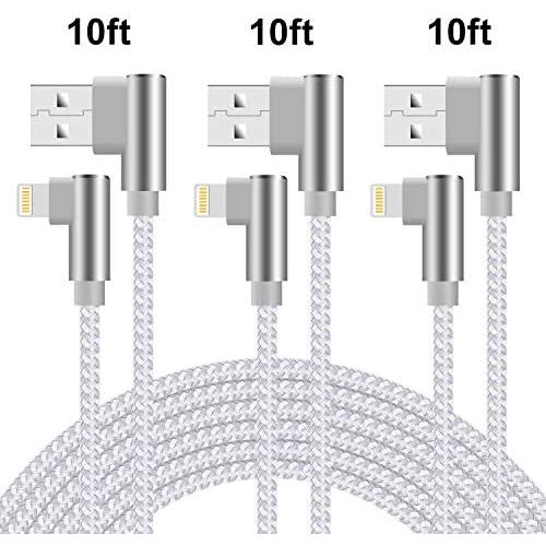90 Degree iPhone Charger 10 ft Lightning Cable 10 Foot Right Angle iPhone Cable Fast Charging iPhone Nylon Braided Charger Cord Compatible with iPhone/iPad/iPod 3 Pack (Silver White,10ft)