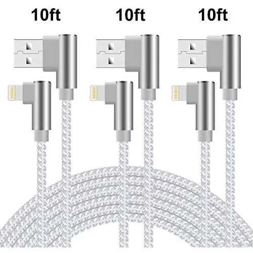 90 Degree iPhone Charger 10 ft Lightning Cable 10 Foot Right Angle iPhone Cable Fast Charging iPhone Nylon Braided Charger Cord Compatible with iPhone/iPad/iPod 3 Pack (Silver White,10ft) 90 Degree iPhone Charger 10 ft Lightning Cable 10 Foot Right Angle iPhone Cable Fast Charging iPhone Nylon Braided Charger Cord Compatible with iPhone/iPad/iPod 3 Pack (Silver White,10ft)
