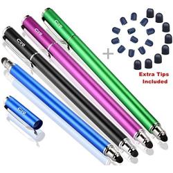 Bargains Depot Capacitive Stylus/Styli 2-in-1 Universal Touch Screen Pen for All Touch Screen Tablets/Cell Phones with 20 Extra Replaceable Soft Rubber Tips (4 Pieces, Black/Blue/Purple/Green)