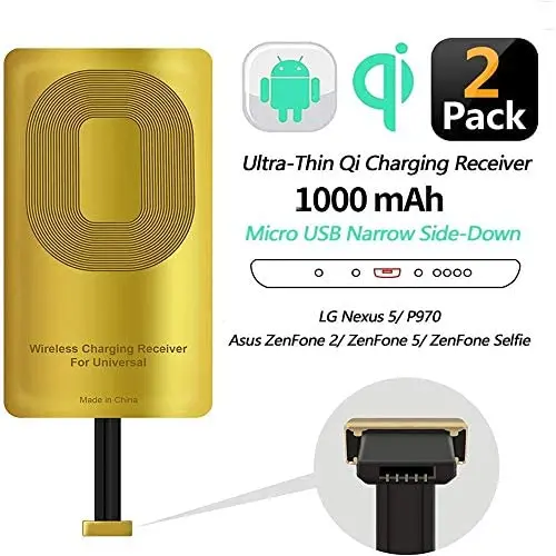 (2 Pcs) Qi Receiver Micro USB Narrow-Side Down, Thin Wireless Charging Receiver, for HTC ONE Е9/X9/DESIRE 700/DESIRE 10-Meizu M5/M5 Note/M5c/U20-Note and Other Micro USB Android Cell Phones (2 Pcs) Qi Receiver Micro USB Narrow-Side Down, Thin Wireless Charging Receiver, for HTC ONE Е9/X9/DESIRE 700/DESIRE 10-Meizu M5/M5 Note/M5c/U20-Note and Other Micro USB Android Cell Phones